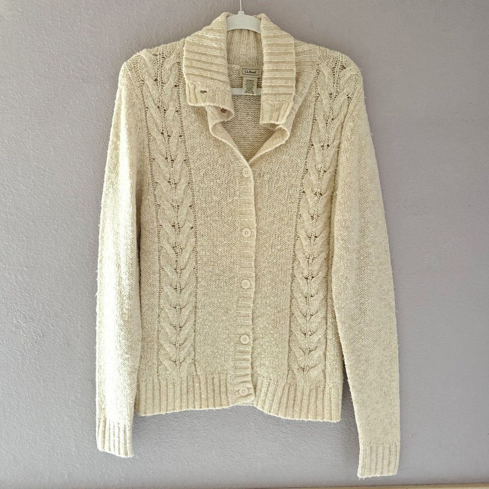 L.L.Bean Women's Turtleneck‎ Cardigan Sweater Cable Knit Button Front Size M